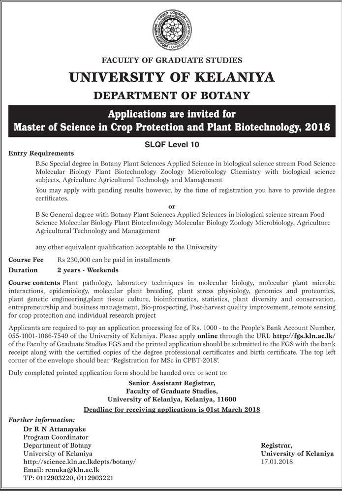 Master of Science in Crop Protection & Plant Biotechnology (2018) - Department of botany - University of Kelaniya